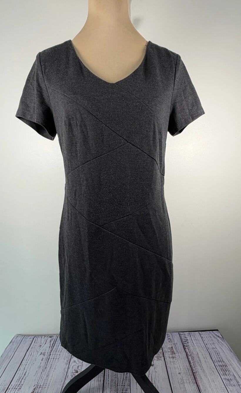 AB Studio Womens Short Sleeve Sheath Dress Size 12 Charcoal Gray Seamed V-Neck